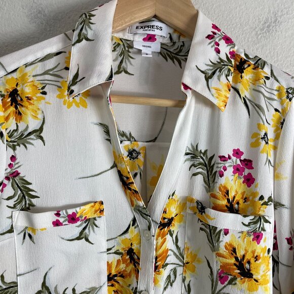 Express Portofino Shirt Womens Medium Floral Button Up Blouse Roll Tab Sleeve - Picture 2 of 8